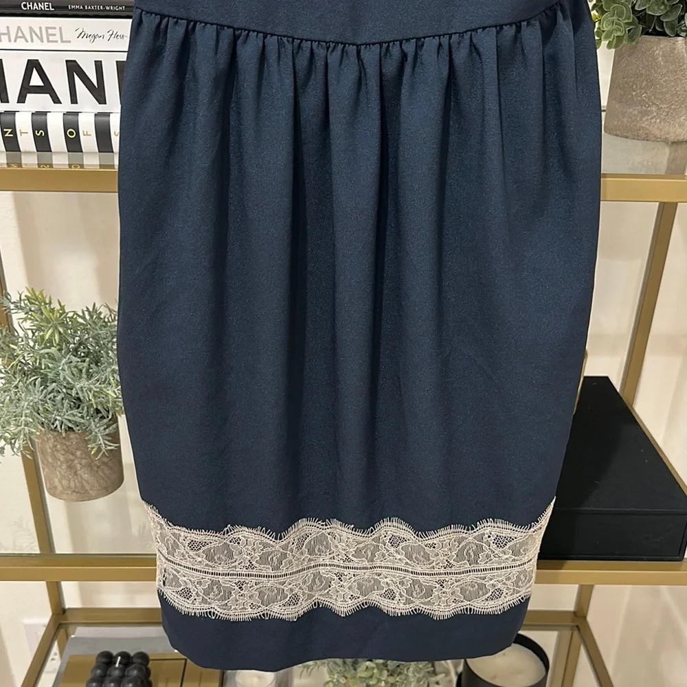 Navy Blue Midi Dress with Lace Accents